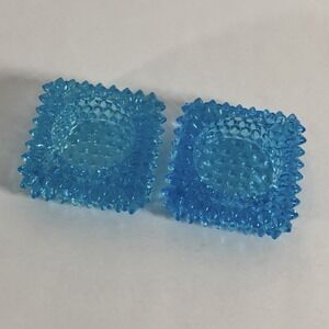 Pair Vtg Fenton Turquoise Blue Hobnail Square Salt Cellars/Candle Holders